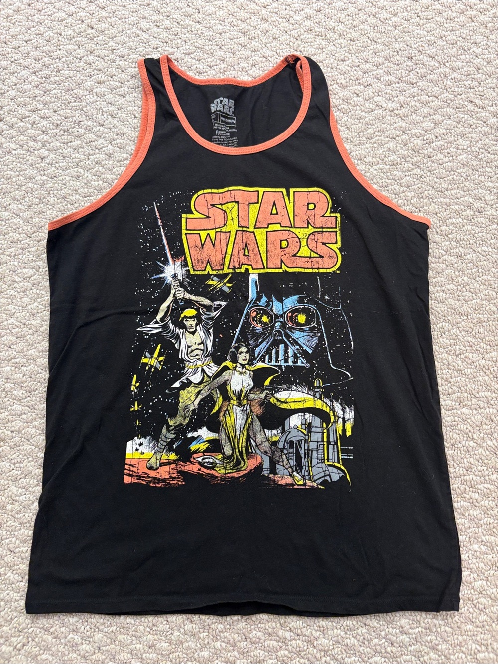 Star Wars Men’s Black Graphic Tank Top with Orange Trim
